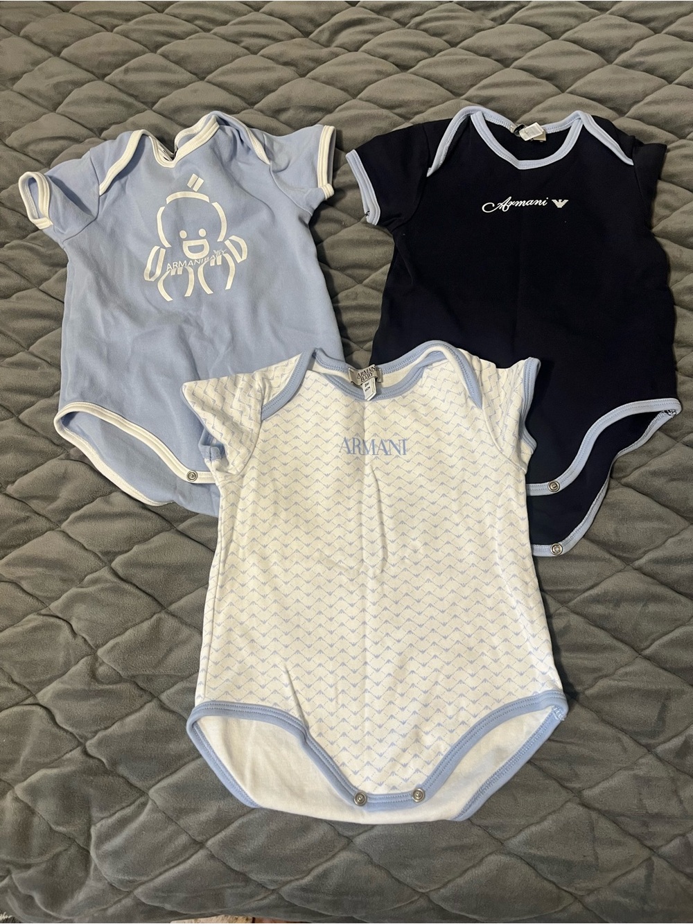 Giorgio Armani Baby set of 3 One-Piece Bodysuit Set in Light Blue, Navy & White